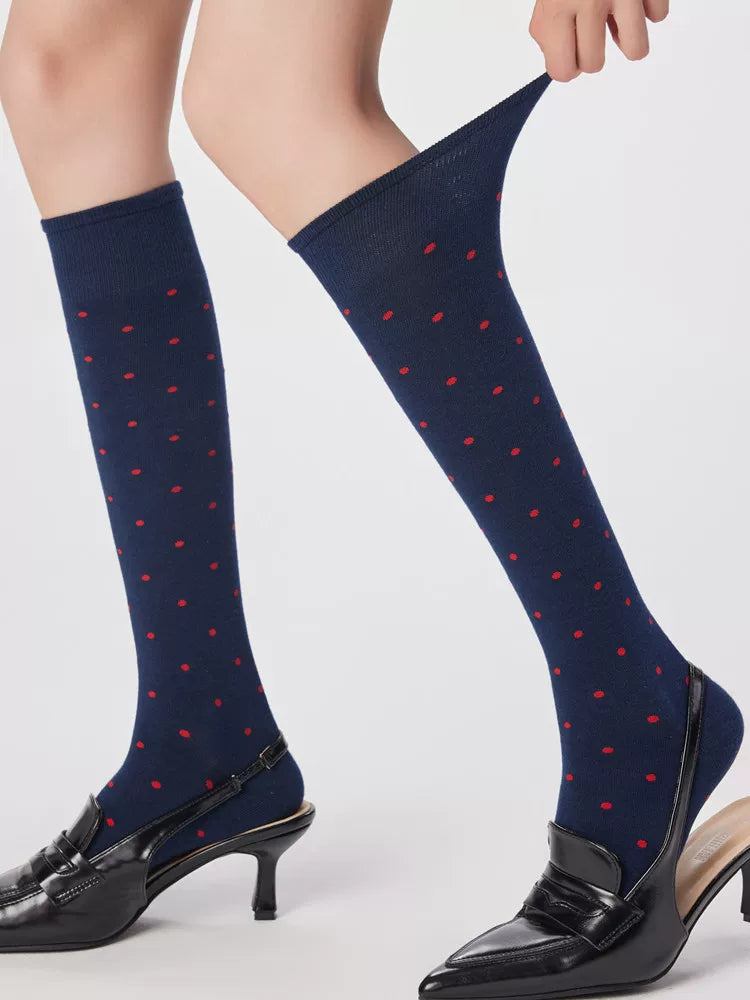 Findszx | Women’s Polka Dot Cotton Calf Socks with Light Pile Texture for Spring & Autumn Wear