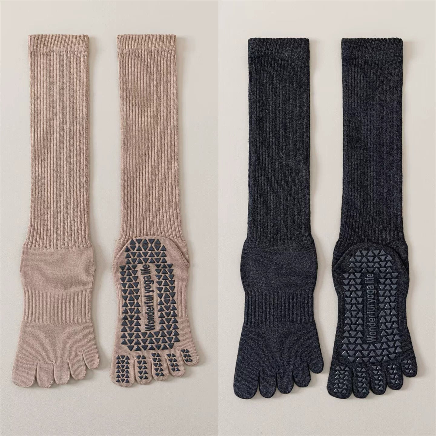 Findszx | Five-Toe Calf Socks in Warm Neutral Tones, Lightweight Design for Yoga & Pilates Wear