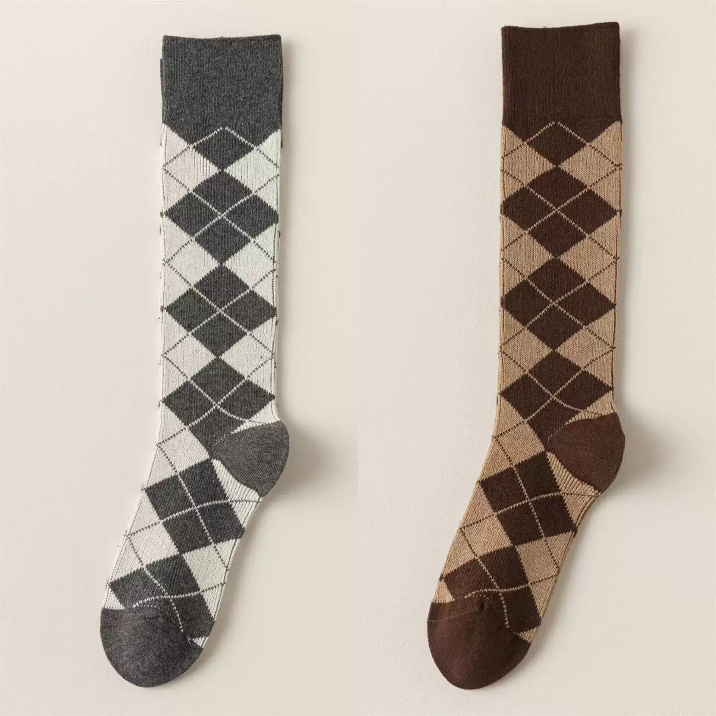 Findszx | Women’s Retro-Inspired Knee-High Cotton Socks with Diamond Pattern for Autumn & Winter Wear