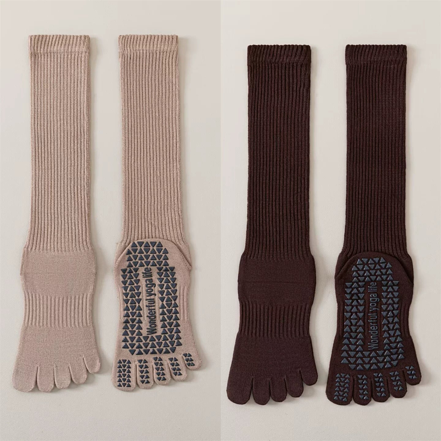 Findszx | Five-Toe Calf Socks in Warm Neutral Tones, Lightweight Design for Yoga & Pilates Wear