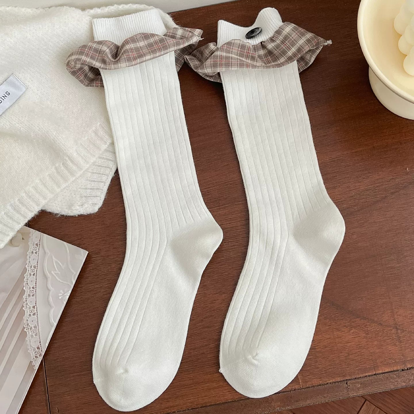 Findszx | Lace-Trim Mid-Calf Socks for Women, Button Detail with Plaid Accent, Everyday Vintage Style