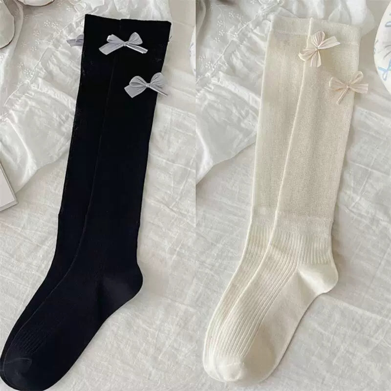 Ballet Style Bow Socks For Women Thin Sweet Cool Calf Socks Vertical Strip Jk Fashionable Miu Gray Pile Stockings