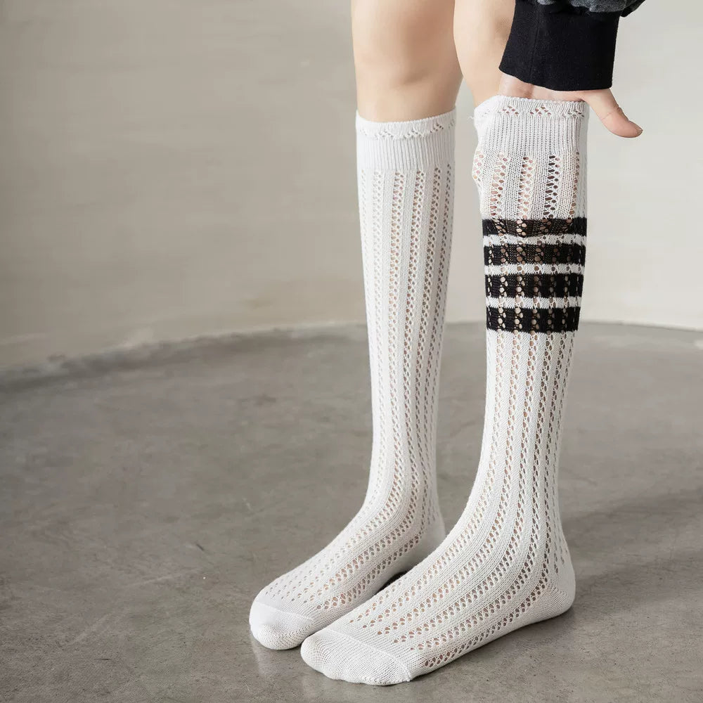 Findszx | Women’s Knee-Length Cotton Mesh Socks with Four-Stripe Detail for Spring & Summer Wear