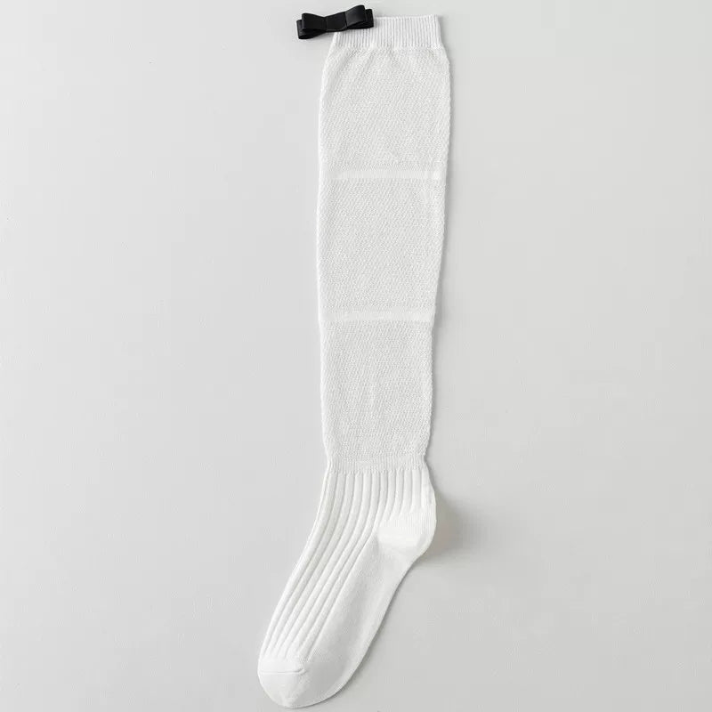 Findszx | Women’s Ballet-Inspired Long Calf Cotton Socks with Bow Detail and Sheer Mesh Texture