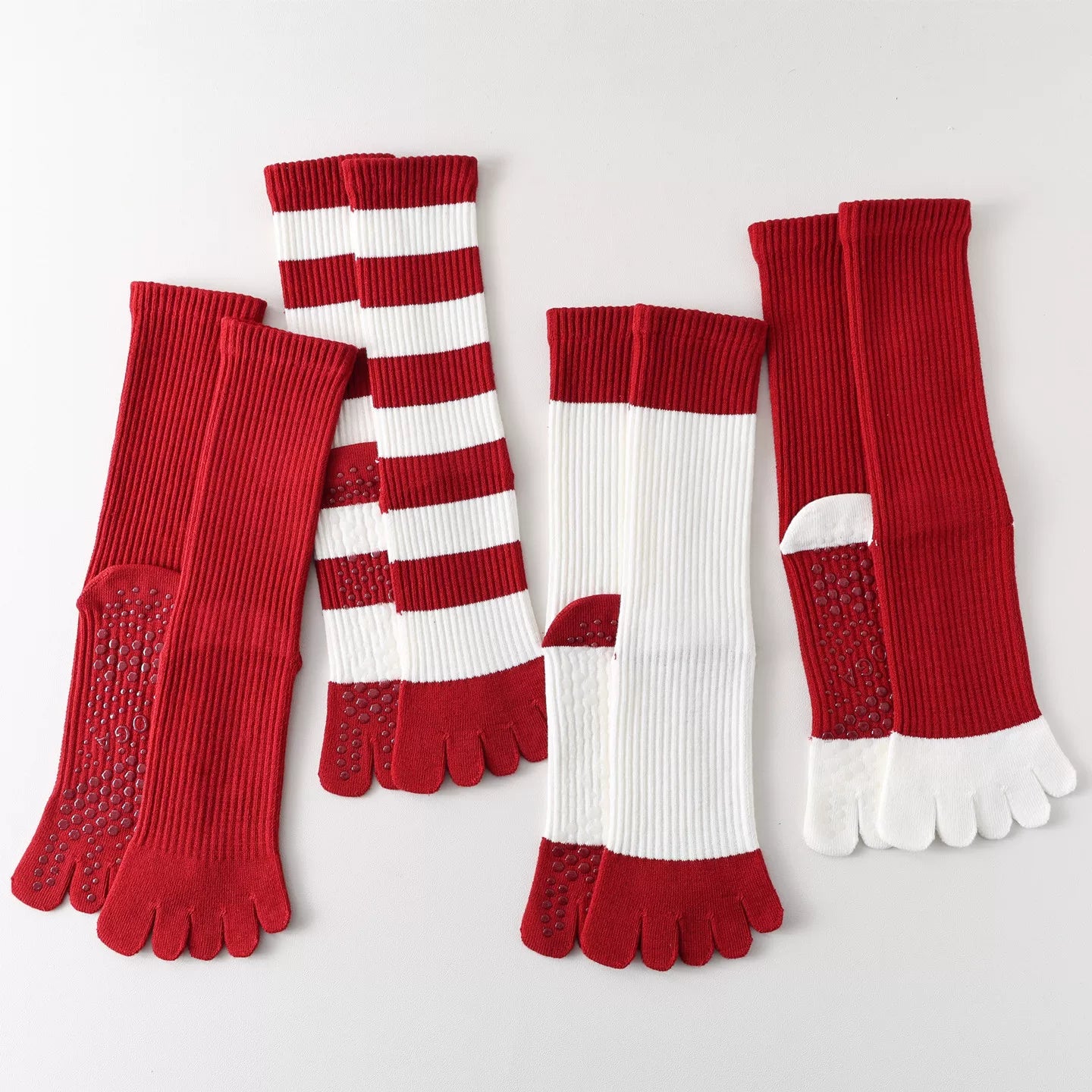 Findszx | Women’s Red Mid-Calf Five-Toe Yoga Socks with Grip for Pilates & Indoor Fitness