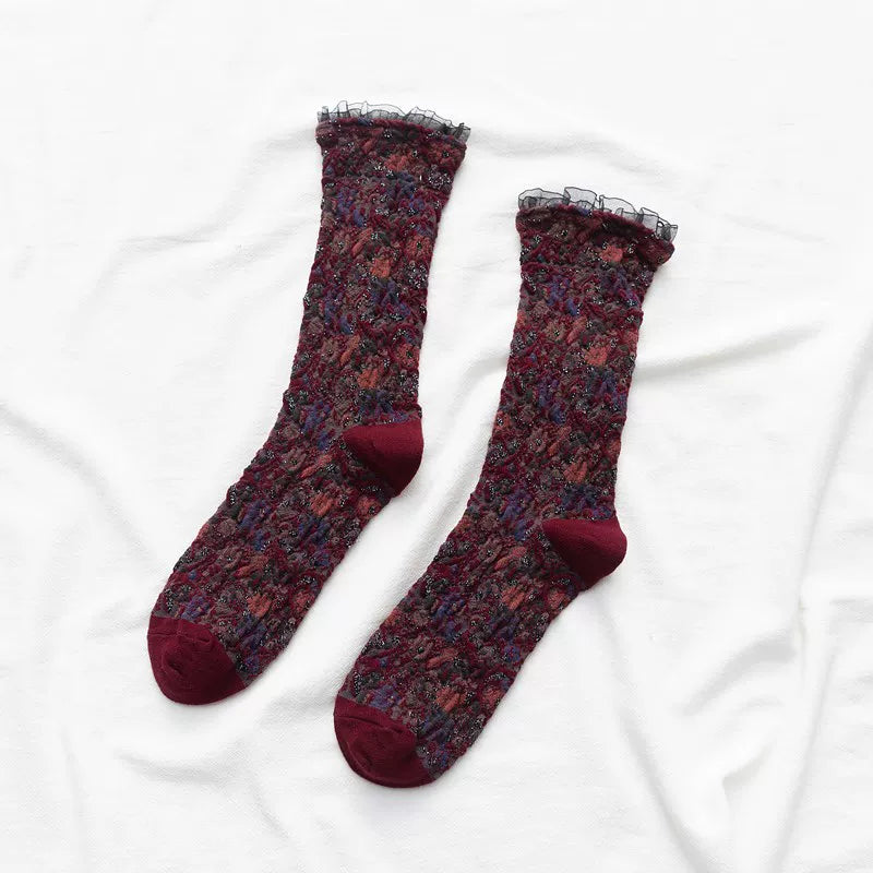 Findszx | Women’s Floral Lace Mid-Calf Cotton Socks with Delicate Knit Texture for Autumn & Winter Wear