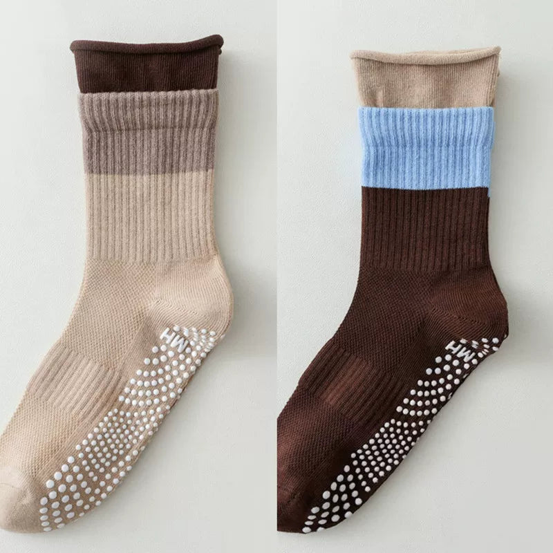 Findszx | Women’s Color-Block Mid-Calf Yoga Socks with Silicone Grip for Pilates & Indoor Fitness