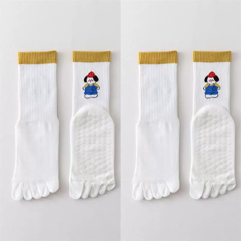 Findszx | Women’s Cartoon-Style Mid-Calf Five-Toe Yoga Socks with Grip for Pilates & Indoor Fitness