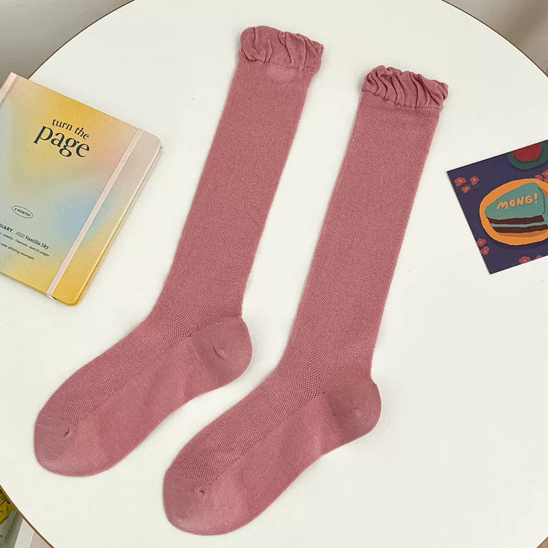 Findszx | Women’s Ballet-Inspired Bubble-Cuff Calf Socks with Ultra-Light Mesh Cotton for Summer Wear