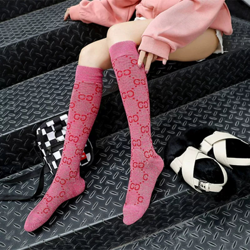 Alphabet Knee-High Socks Ins Trendy Brand Japanese Coffee-Colored Silver Onion Mid-Tube Women'S Bright Silk Mesh Red Socks Fashionable And Versatile Calf Socks