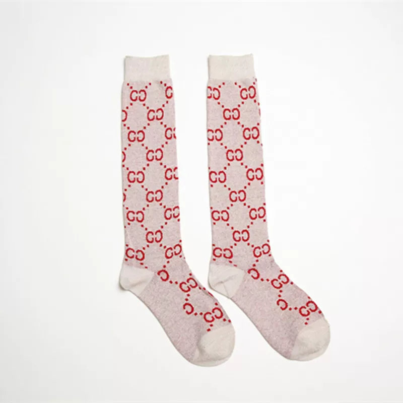 Alphabet Knee-High Socks Ins Trendy Brand Japanese Coffee-Colored Silver Onion Mid-Tube Women'S Bright Silk Mesh Red Socks Fashionable And Versatile Calf Socks
