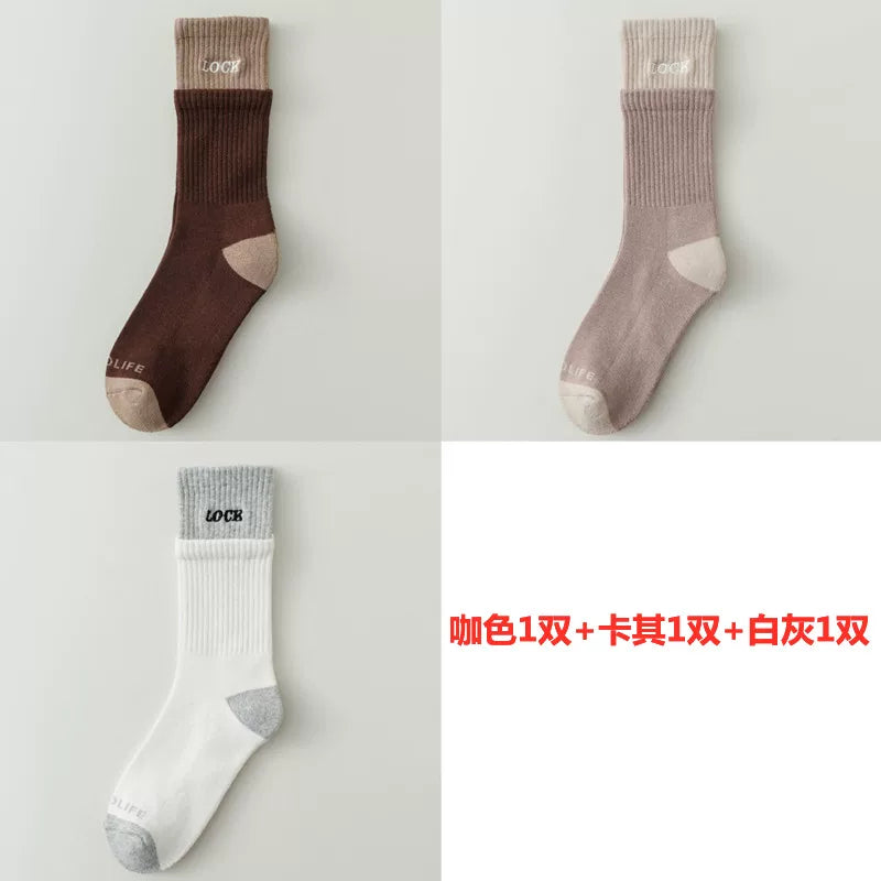 Autumn And Winter Thickened Mid-Tube Socks Double-Layer Spliced Long Socks For Women Korean Version Ins Trendy Brand Double Ruffled Letter Cotton Socks