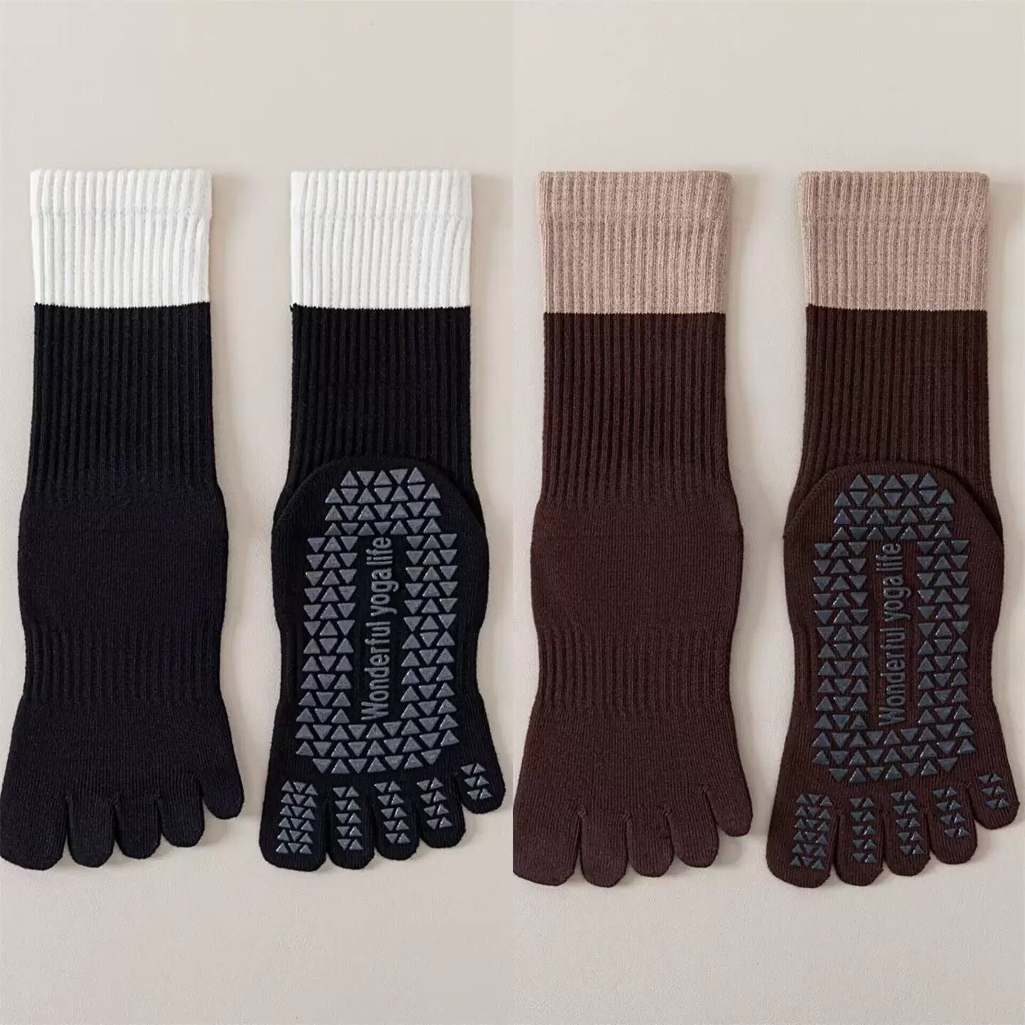 Findszx | Women’s Color-Block Mid-Calf Five-Toe Yoga Socks with Grip for Pilates & Indoor Fitness