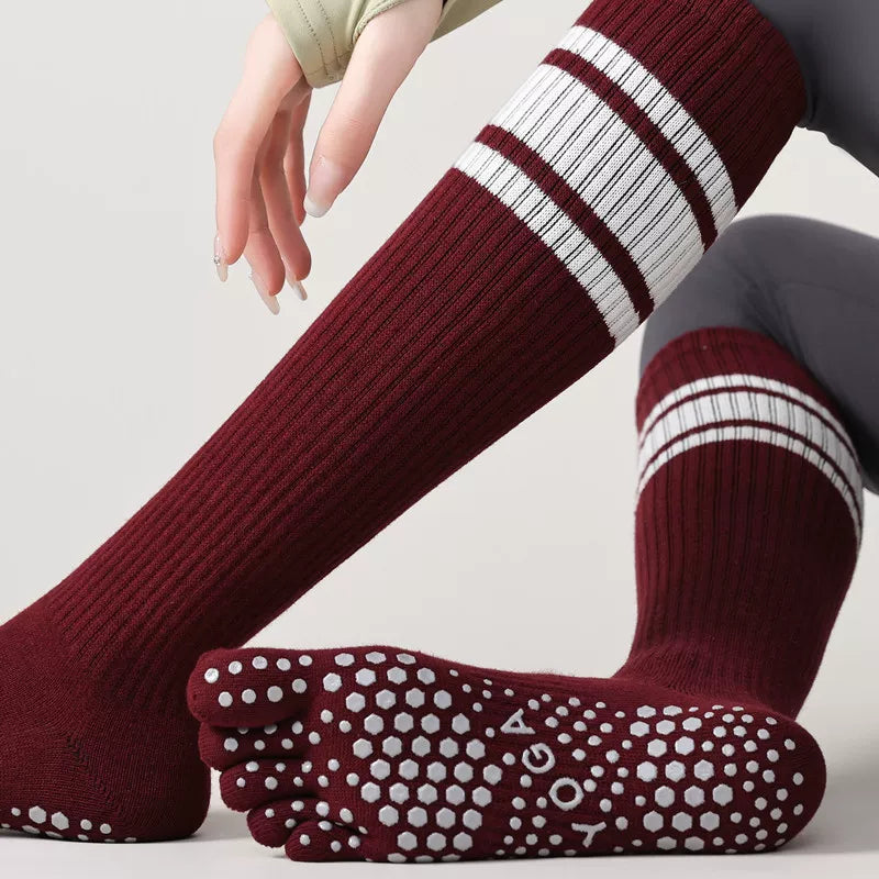 Findszx | Long Five-Toe Calf Socks for Women, Deep Red Tone, Yoga & Pilates Active Wear Style