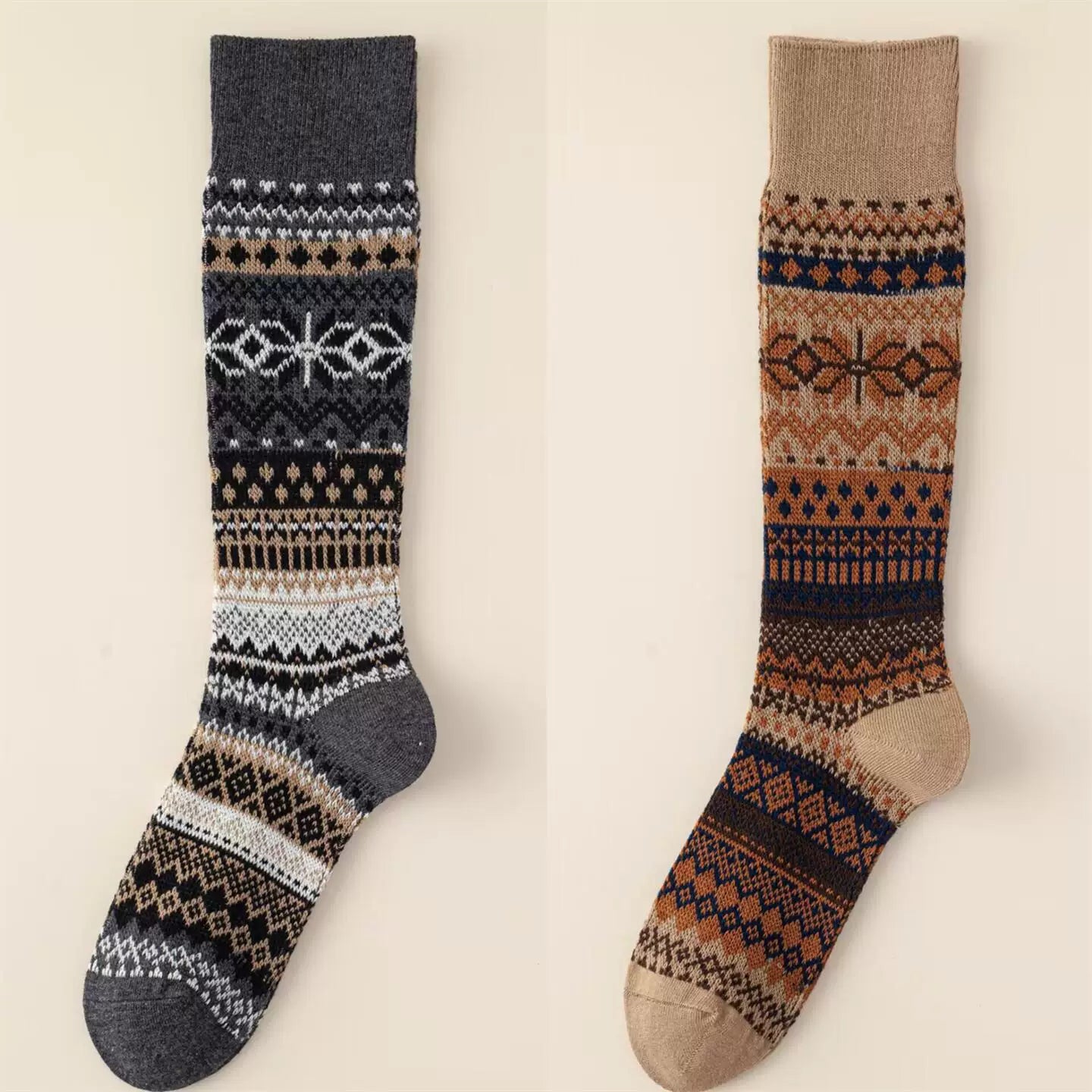 Findszx | Women’s Double-Knit Calf Cotton Socks in Warm Neutral Tones for Autumn & Winter Wear