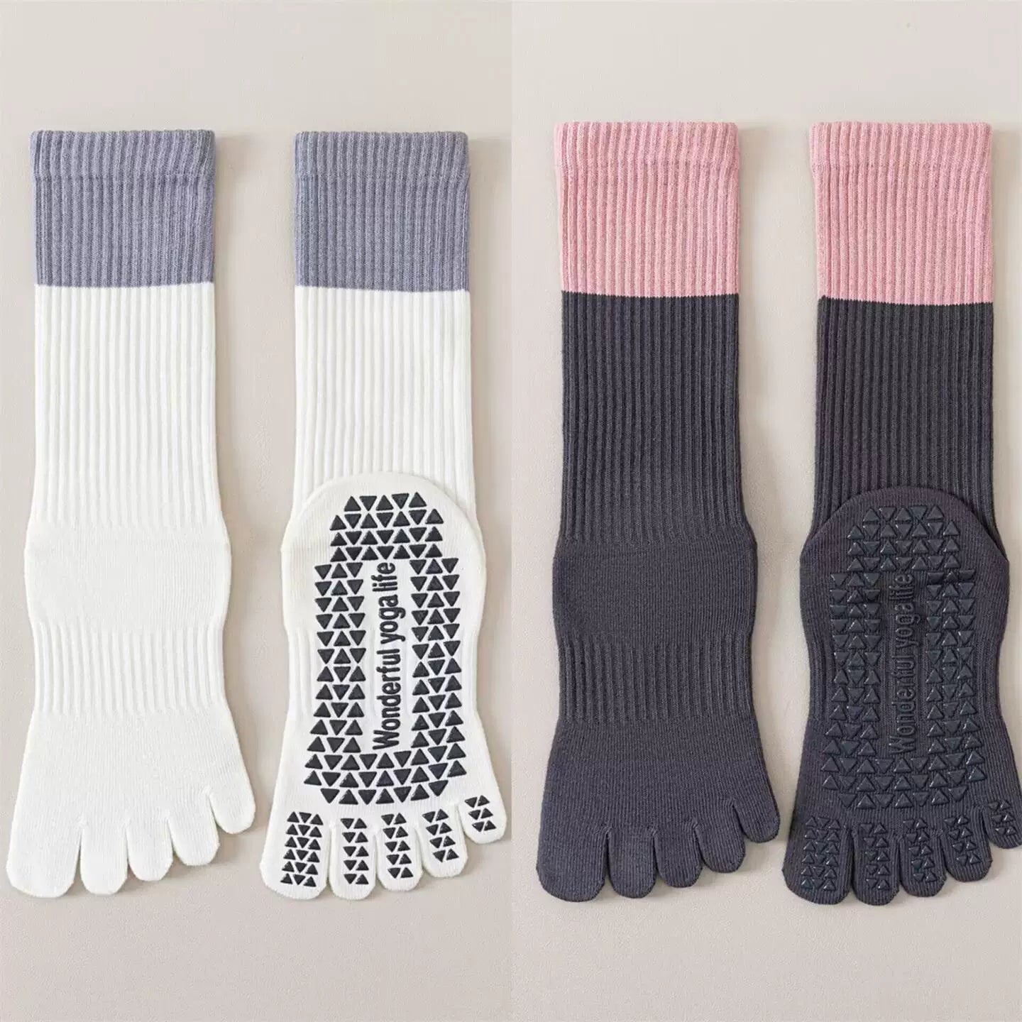 Findszx | Women’s Color-Block Mid-Calf Split-Toe Yoga Socks with Grip for Pilates & Indoor Fitness