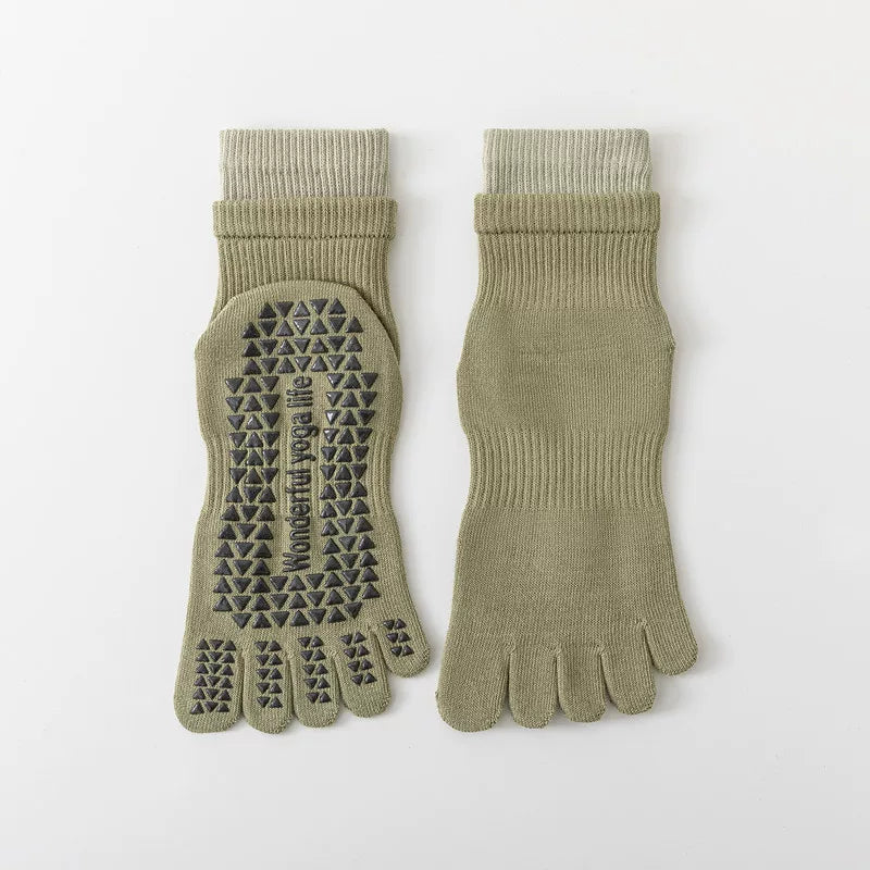 Findszx | Women’s Double-Cuff Mid-Calf Five-Toe Yoga Socks with Grip for Pilates & Indoor Fitness