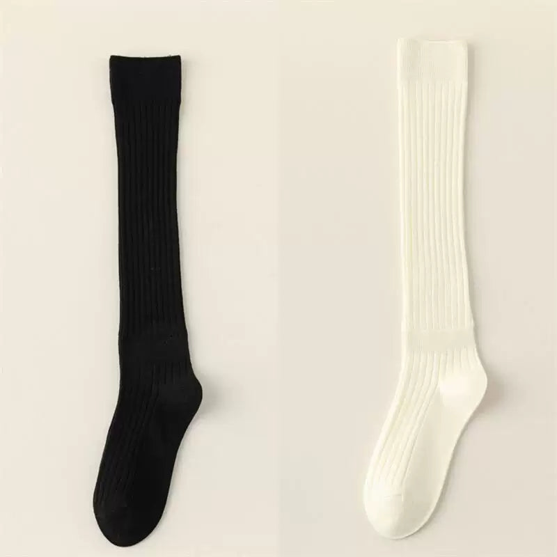 Double-Needle Calf Socks For Women In Spring And Autumn Thin Striped Pressure Slimming Solid Color Jk Versatile Knee-Length Wide Striped Stockings