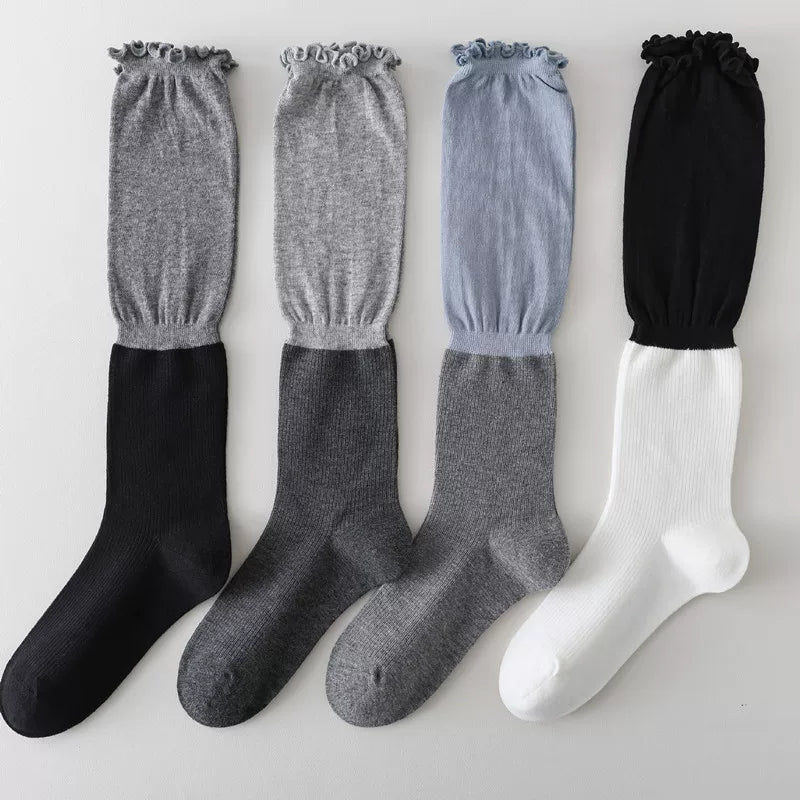 Findszx | Lace-Trim Color-Block Calf Socks for Women, Lightweight Spliced Design, Spring & Summer Daily Style