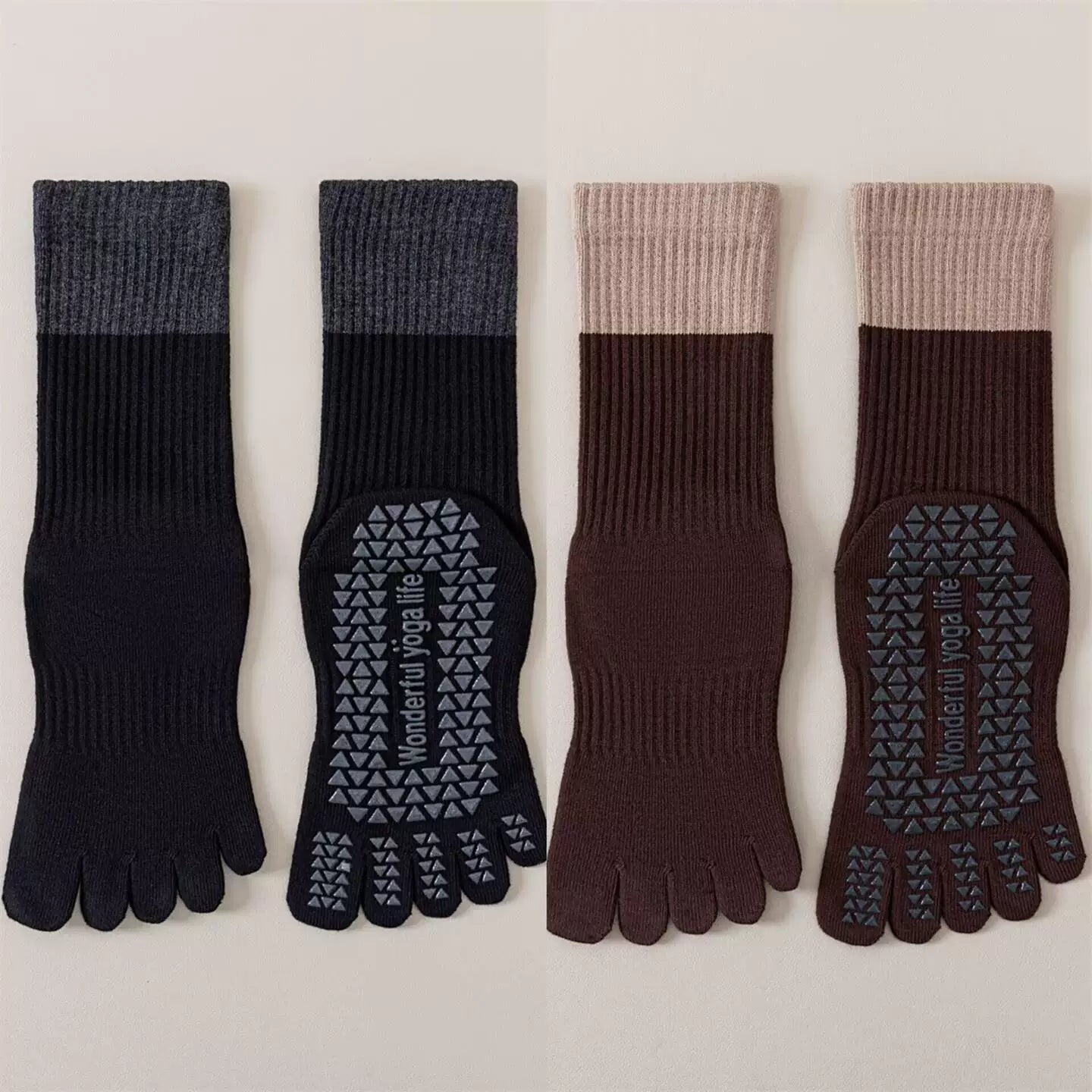 Findszx | Women’s Color-Block Mid-Calf Five-Toe Yoga Socks with Grip for Pilates & Indoor Fitness