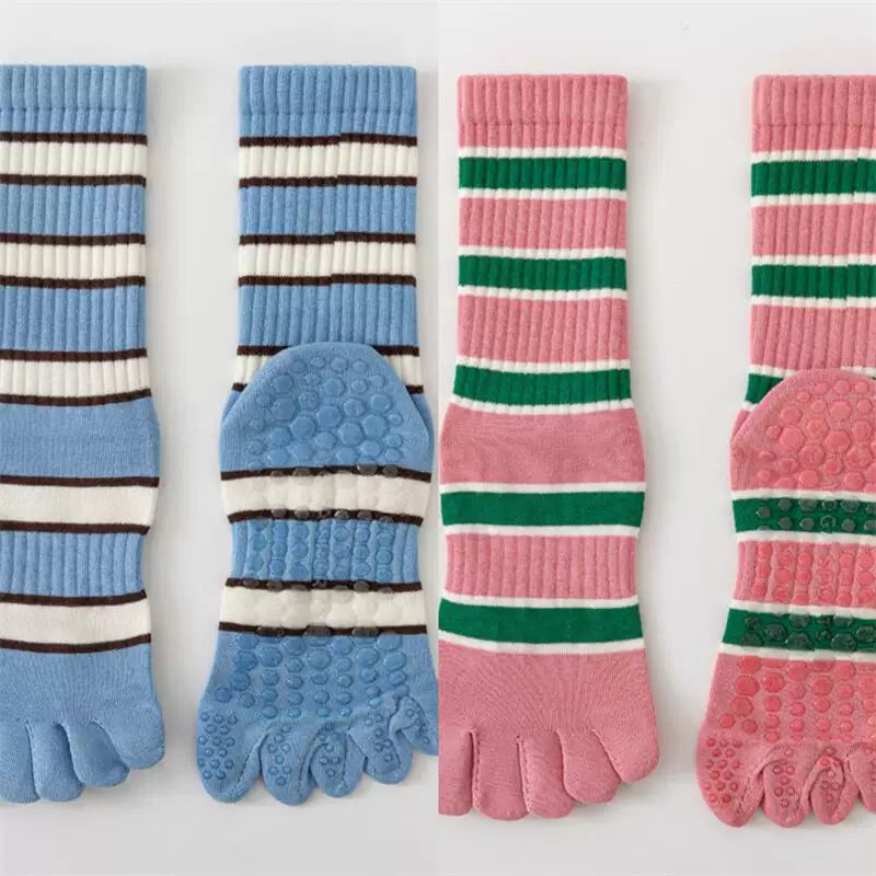 Findszx | Women’s Five-Toe Mid-Calf Socks for Yoga & Dance, Striped Pattern with Dotted Detail, Active Style