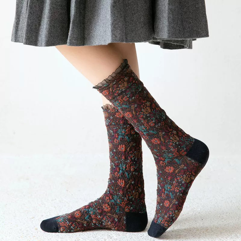 Findszx | Women’s Floral Lace Mid-Calf Cotton Socks with Delicate Knit Texture for Autumn & Winter Wear