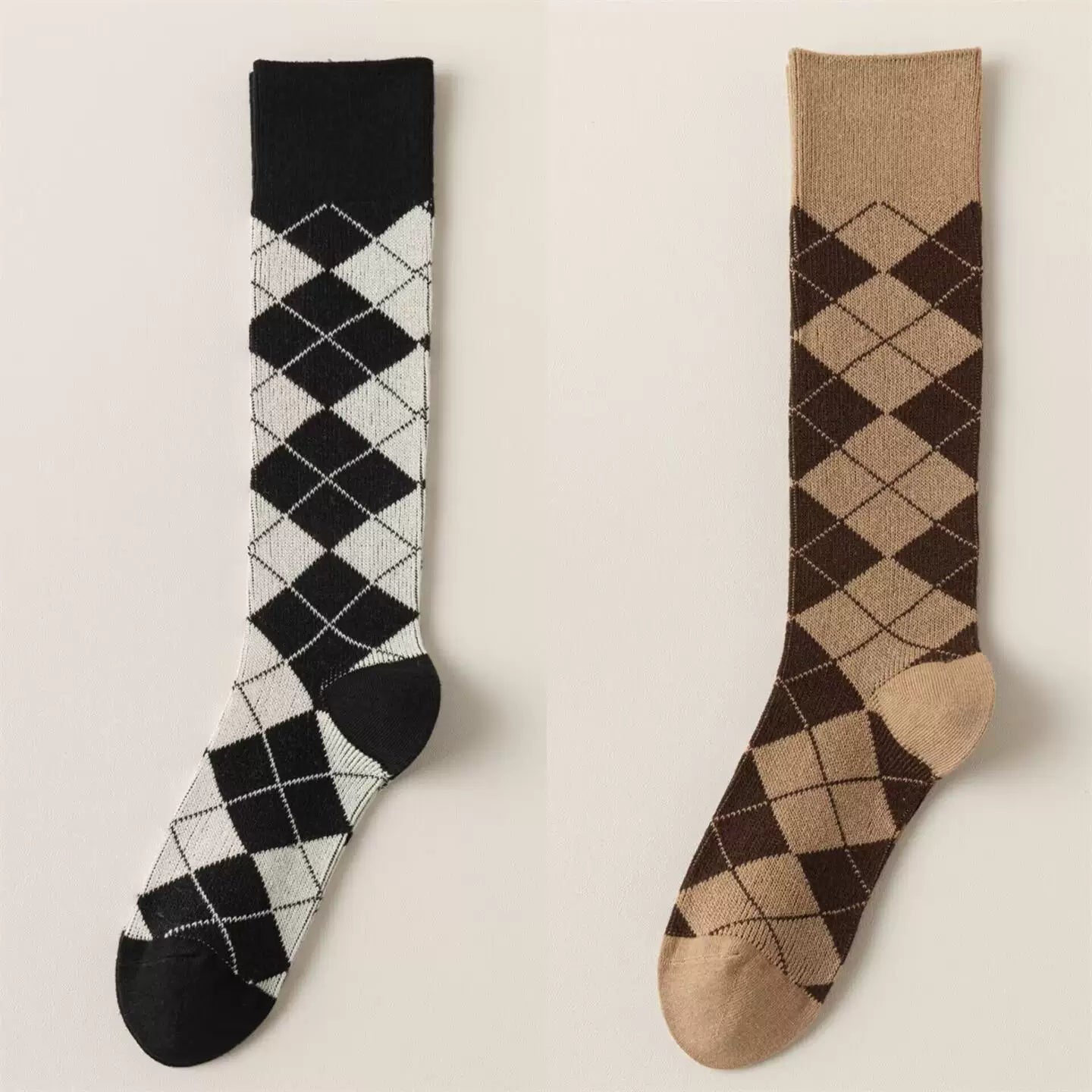 Findszx | Women’s Retro-Inspired Knee-High Cotton Socks with Diamond Pattern for Autumn & Winter Wear