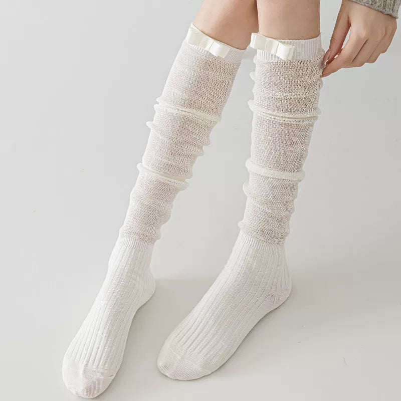 Findszx | Women’s Ballet-Inspired Long Calf Cotton Socks with Bow Detail and Sheer Mesh Texture
