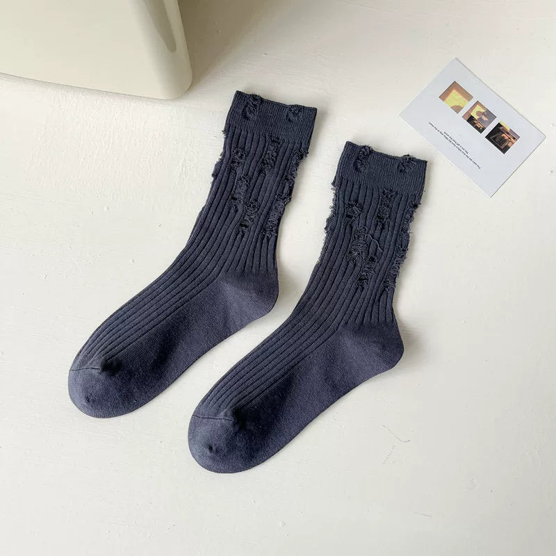 Findszx | Striped Mid-Calf Cotton Socks for Women, Lightweight Distressed Detail, Spring & Autumn Casual Wear
