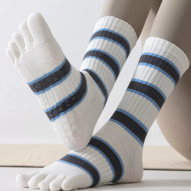 Findszx | Women’s Five-Toe Mid-Calf Socks for Yoga & Dance, Striped Pattern with Dotted Detail, Active Style
