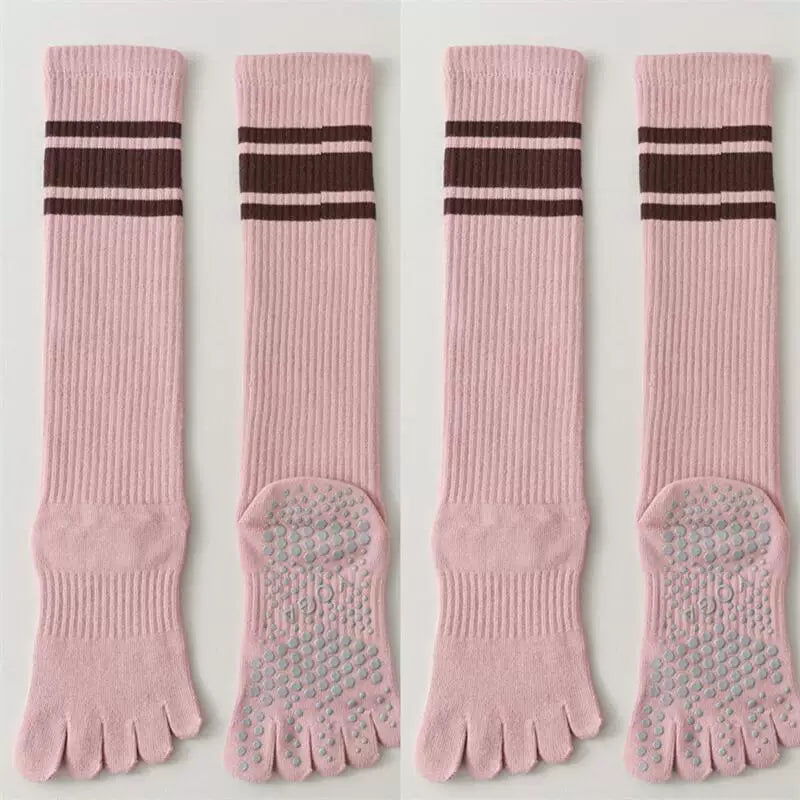 Findszx | Long Five-Toe Calf Socks for Women, Deep Red Tone, Yoga & Pilates Active Wear Style