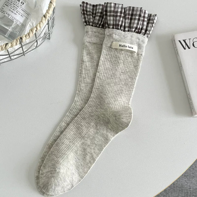 Findszx | Plaid Lace-Trim Mid-Calf Socks for Women, Letter Detail Knit, Layered Everyday Style