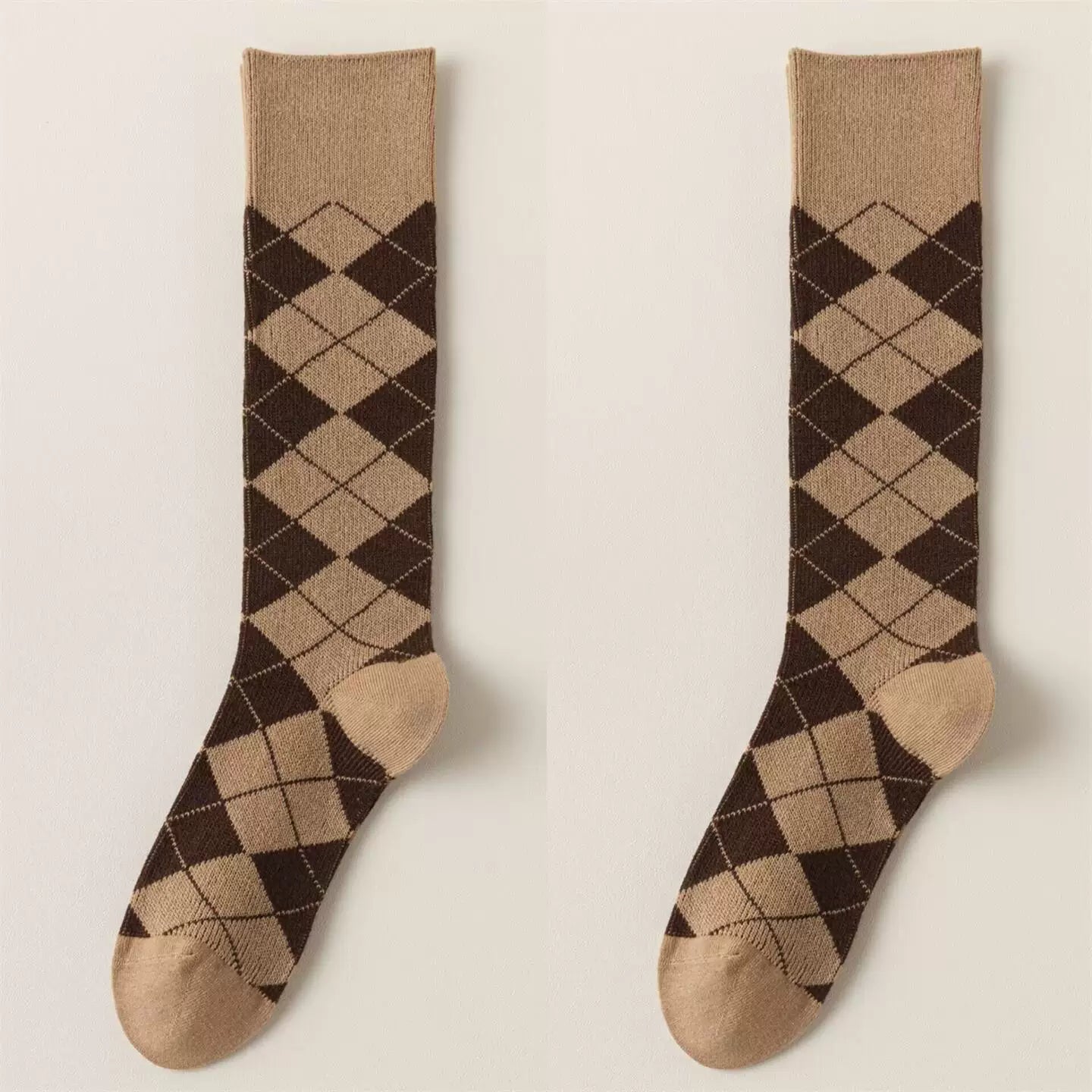 Findszx | Women’s Retro-Inspired Knee-High Cotton Socks with Diamond Pattern for Autumn & Winter Wear