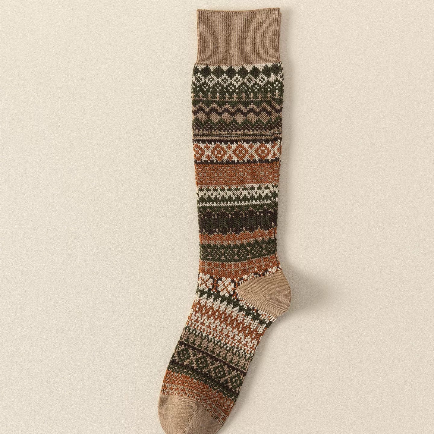 Ethnic Style Retro Calf Socks Double-Needle Fair Isle Stockings For Women In Autumn And Winter Paired With Snow Boots And Piled High Socks