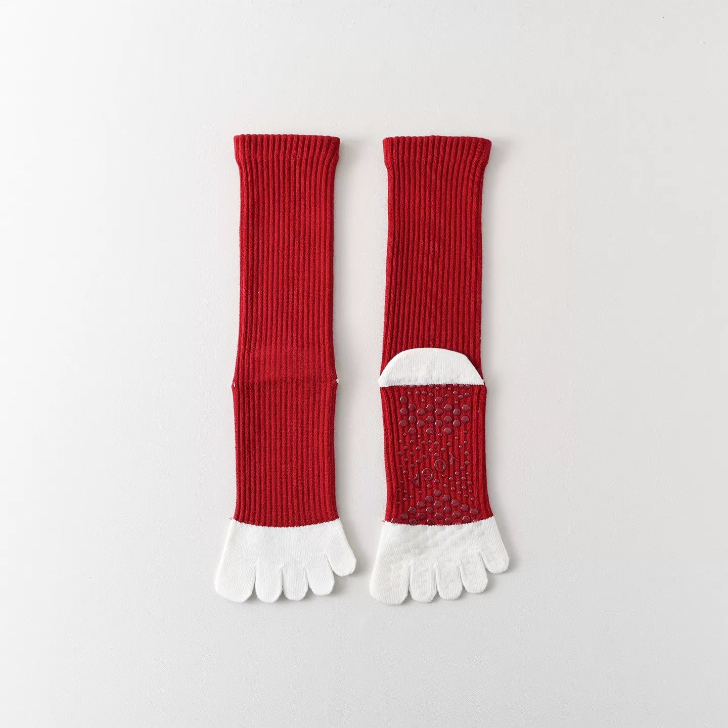 Findszx | Women’s Red Mid-Calf Five-Toe Yoga Socks with Grip for Pilates & Indoor Fitness