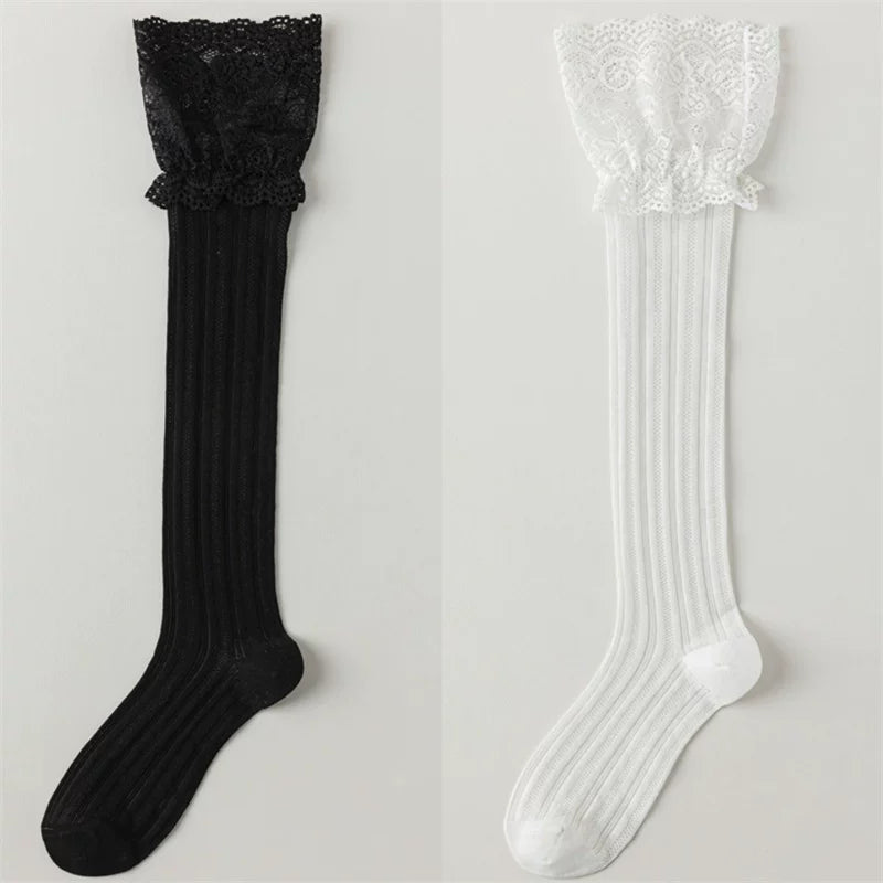 Findszx | Lace-Trim Long Calf Socks for Women, Lightweight Cotton Blend, Boot-Friendly Daily Style