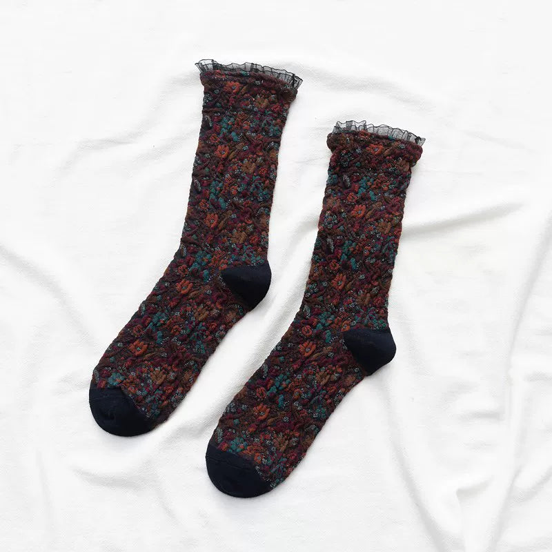 Findszx | Women’s Floral Lace Mid-Calf Cotton Socks with Delicate Knit Texture for Autumn & Winter Wear
