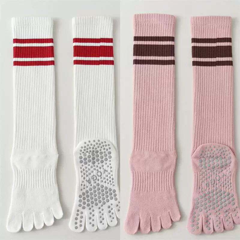 Findszx | Long Five-Toe Calf Socks for Women, Deep Red Tone, Yoga & Pilates Active Wear Style