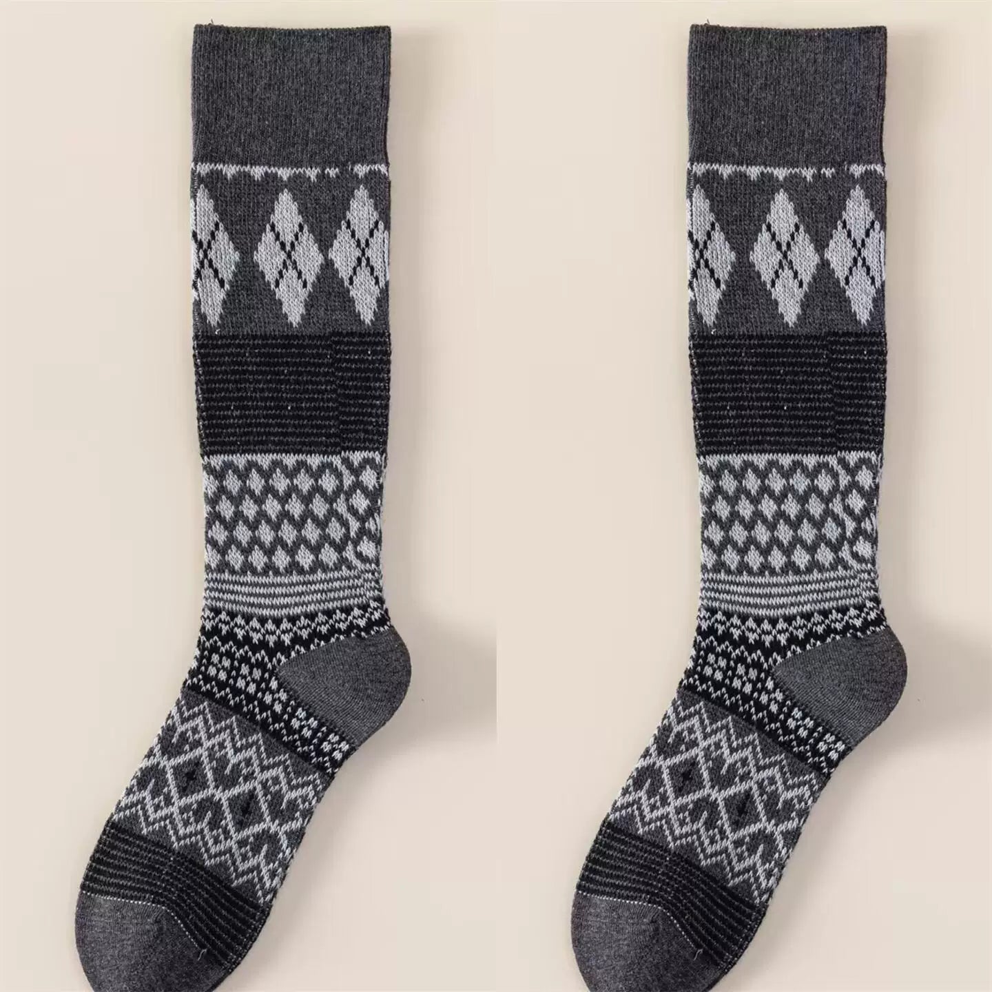 Findszx | Women’s Retro Diamond-Pattern Double-Knit Calf Socks in Cotton for Everyday Wear