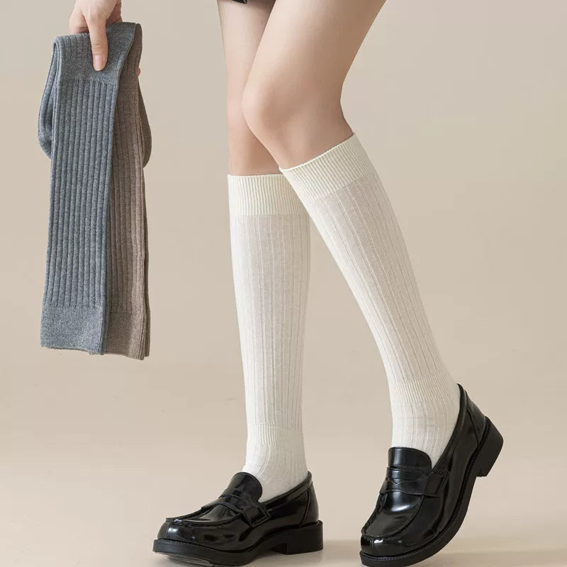Double-Needle Calf Socks For Women In Spring And Autumn Thin Striped Pressure Slimming Solid Color Jk Versatile Knee-Length Wide Striped Stockings