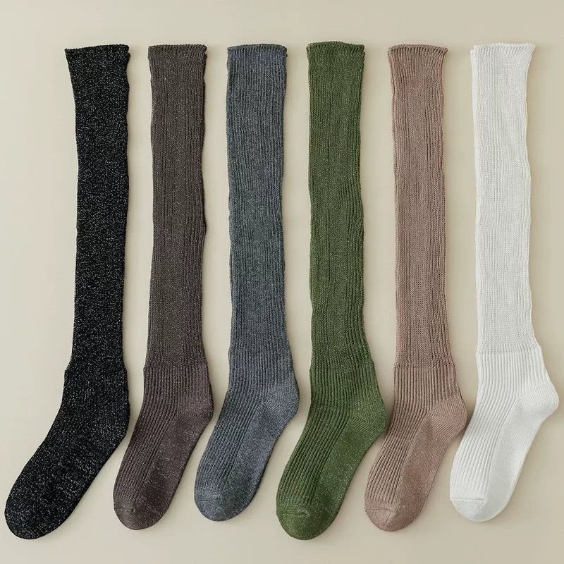 Findszx | Women’s Knee-High Pile Cotton Socks with Vertical Stripe Design for Spring & Autumn Wear