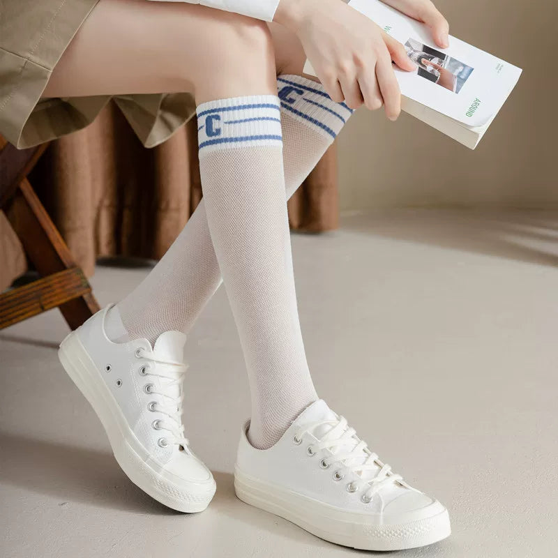 Findszx | Women’s Ultra-Light Mid-Calf Mesh Cotton Socks with Letter Detail for Spring & Summer Wear
