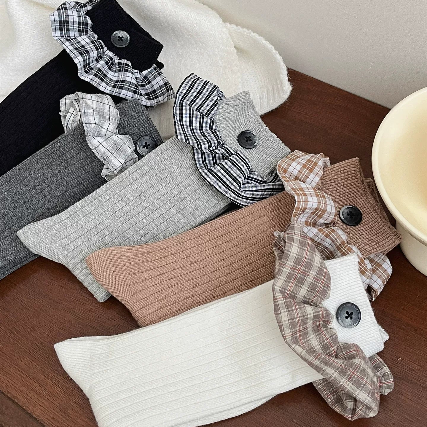 Findszx | Lace-Trim Mid-Calf Socks for Women, Button Detail with Plaid Accent, Everyday Vintage Style