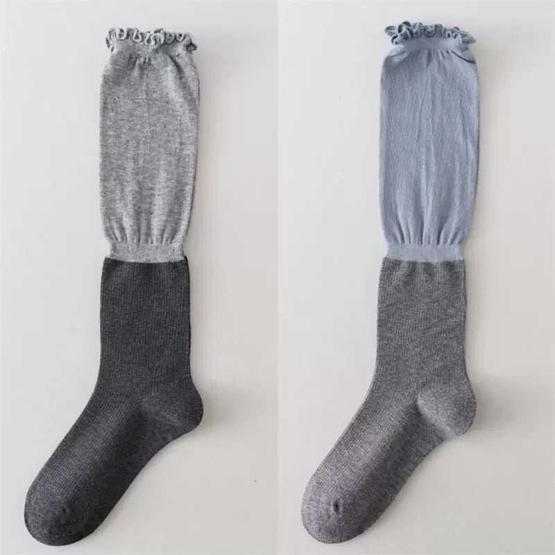 Findszx | Lace-Trim Color-Block Calf Socks for Women, Lightweight Spliced Design, Spring & Summer Daily Style