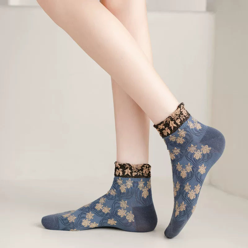 Findszx | 3-Pair Women’s Floral Cotton Lace Ankle Socks Set for Spring & Autumn Wear