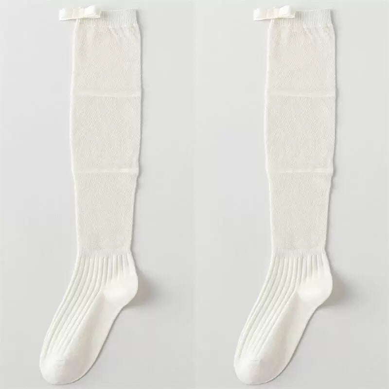Findszx | Women’s Ballet-Inspired Long Calf Cotton Socks with Bow Detail and Sheer Mesh Texture