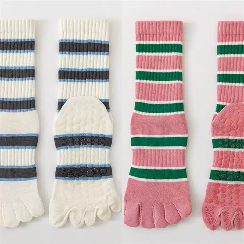 Findszx | Women’s Five-Toe Mid-Calf Socks for Yoga & Dance, Striped Pattern with Dotted Detail, Active Style