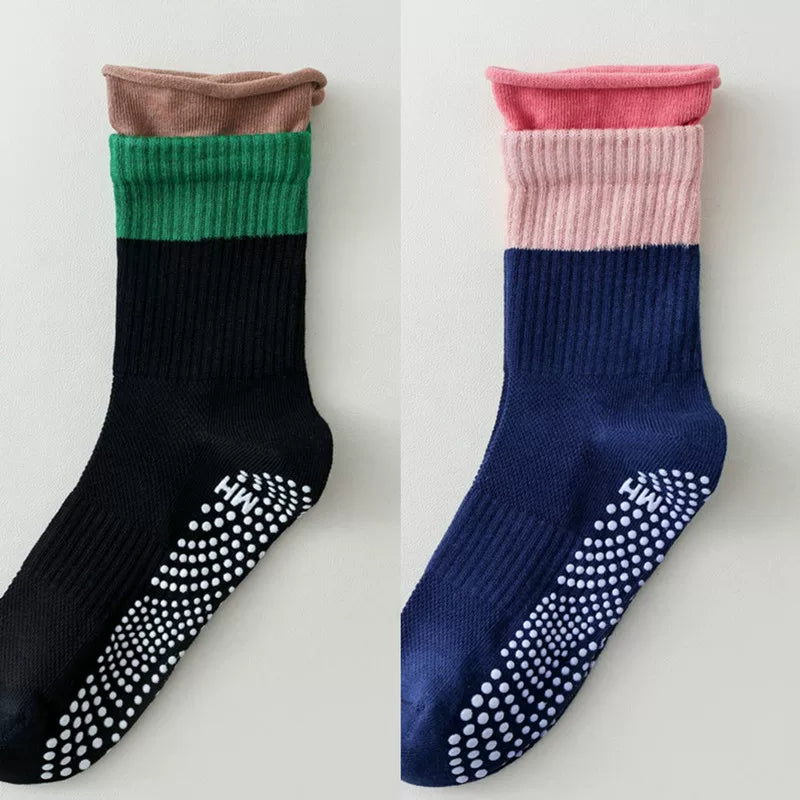 Findszx | Women’s Color-Block Mid-Calf Yoga Socks with Silicone Grip for Pilates & Indoor Fitness
