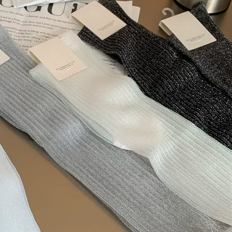 Findszx | Lightweight Vertical Stripe Long Calf Socks for Women, Sheer Texture Design, Spring & Summer Style
