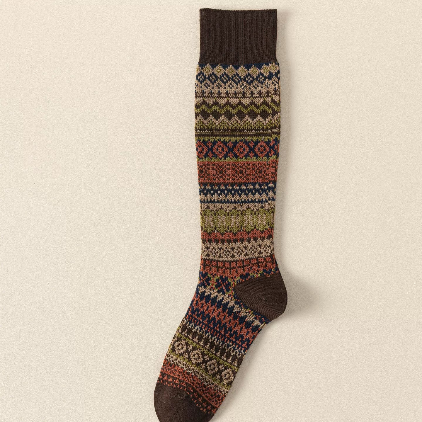 Ethnic Style Retro Calf Socks Double-Needle Fair Isle Stockings For Women In Autumn And Winter Paired With Snow Boots And Piled High Socks